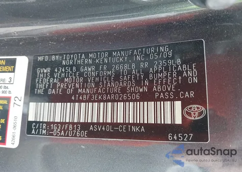 2010 Toyota Camry Le z USA, uszkodzony, nr VIN 4T4BF3EK8AR026506